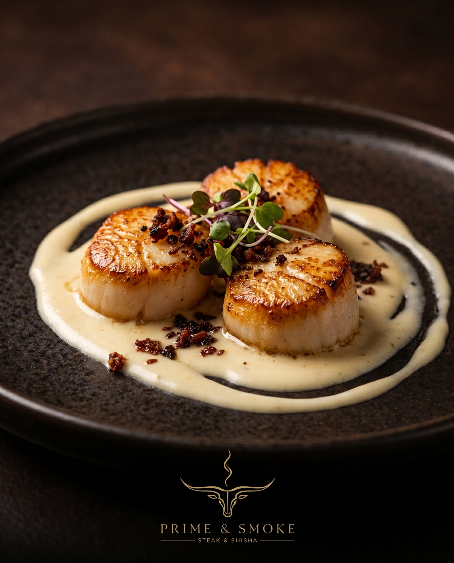 Pan-seared scallops in signature sauce with Prime & Smoke logo